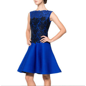 Tadashi Shoji Pintuck Neoprene & Lace Dress Size 10 Blue Black Cocktail Evening